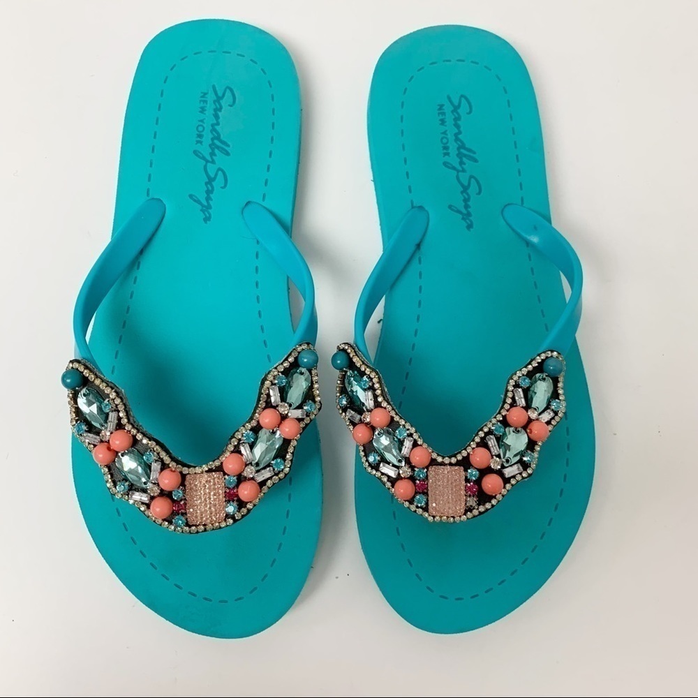 Sand By Saya teal blue sandals crystals sequins beaded embellished Sz 10